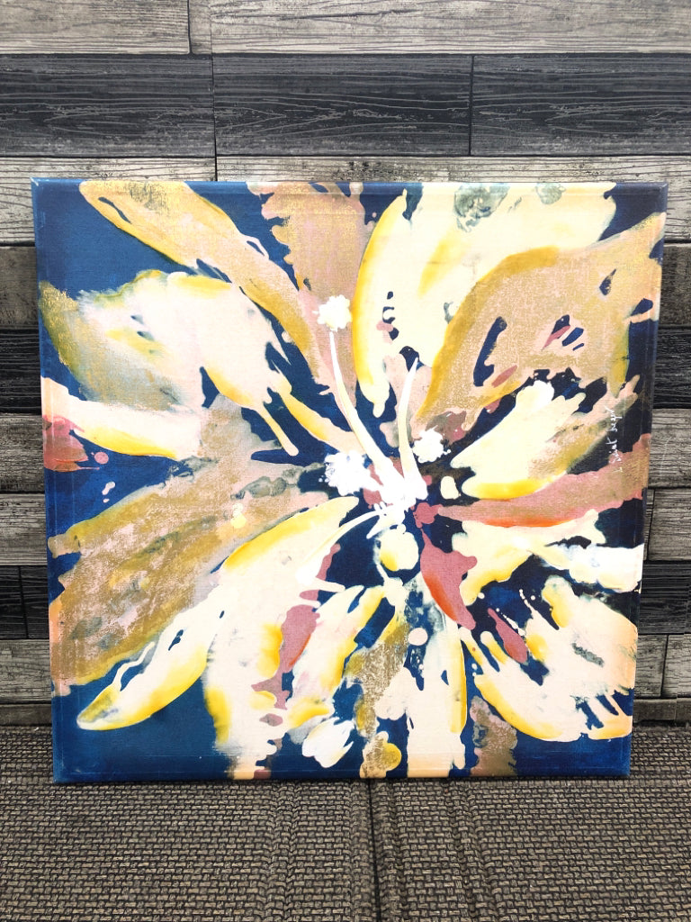 YELLOW FLORAL ON BLUE BACKGROUND CANVAS WALL ART.