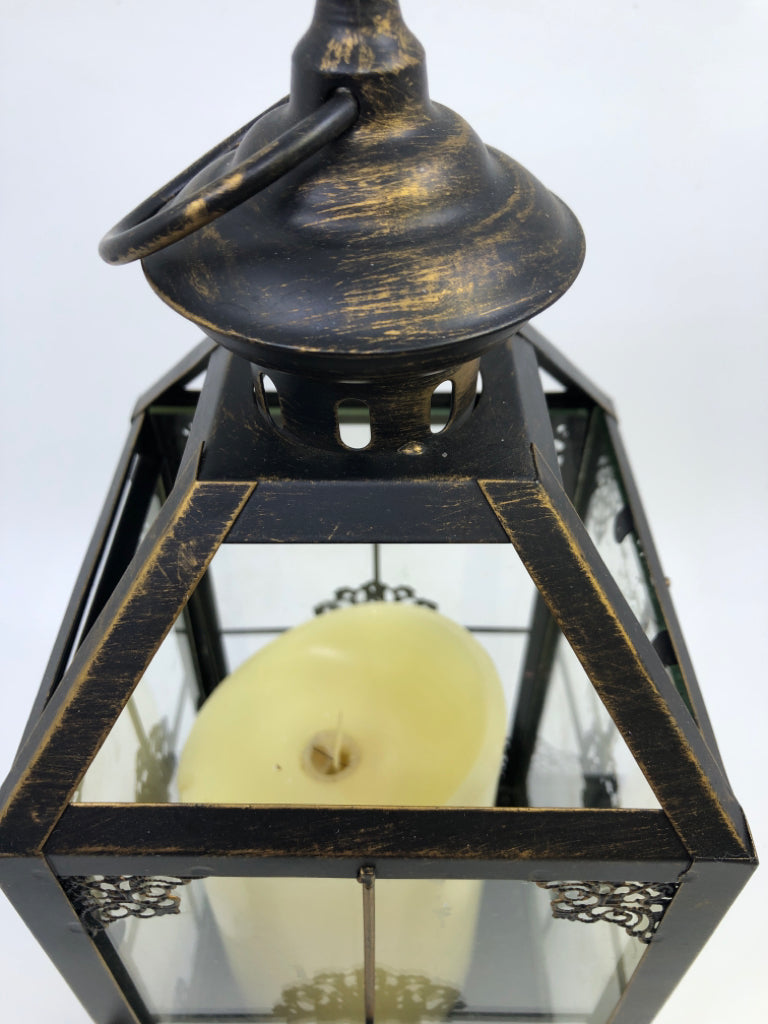 BRONZE LANTERN W/BATTERY CANDLE.