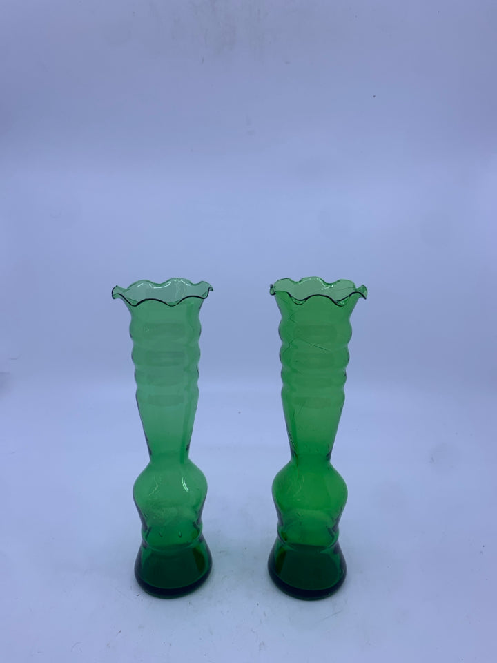 2 VTG GREEN GLASS VASES SKINNY W/ RUFFLED EDGE.