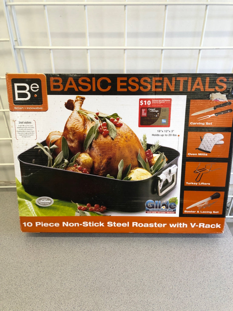 NIB 10 PC NON-STICK STEEL ROASTER W/ V-RACK