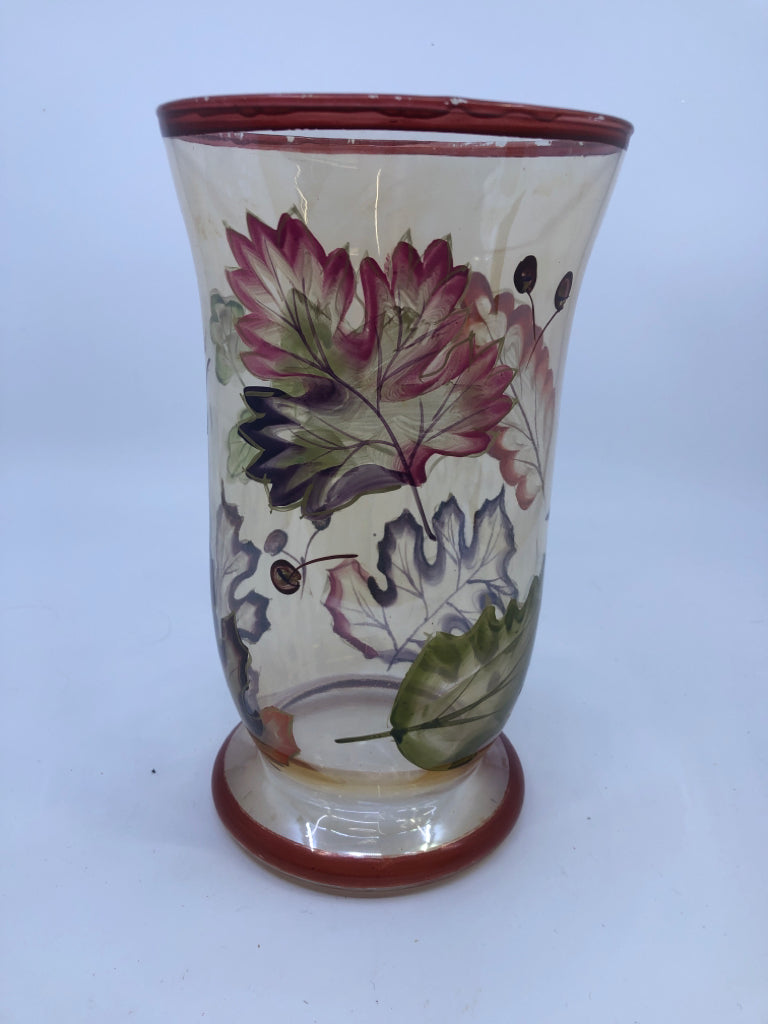 LEAF PAINTED GLASS VASE.