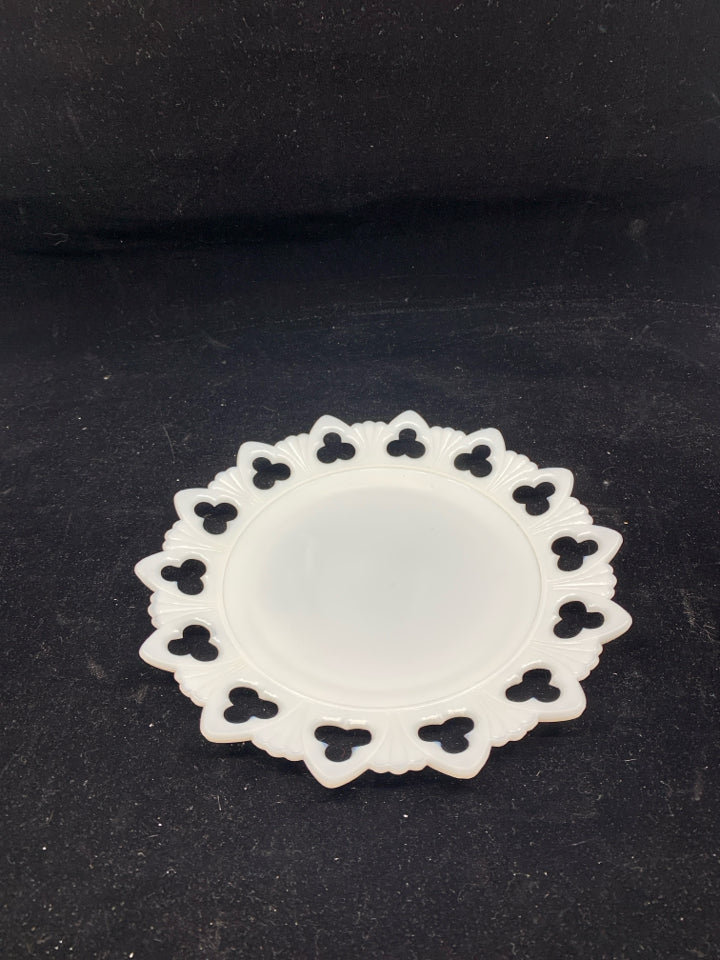 VTG MILK GLASS TRAY- PIERCED LACE EDGE.