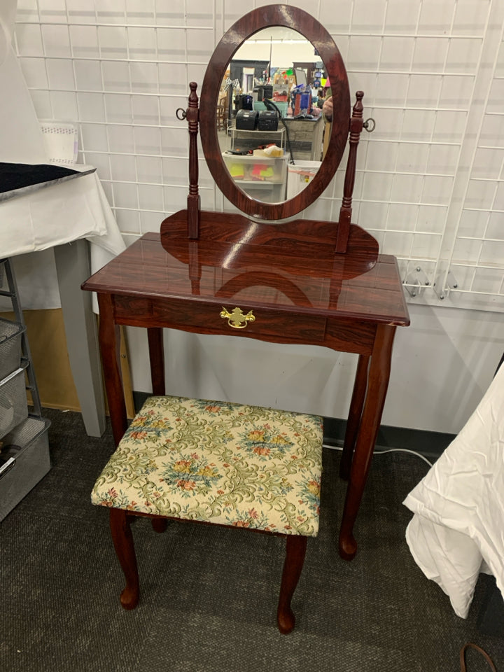 CHERRY WOOD VANITY W STOOL.