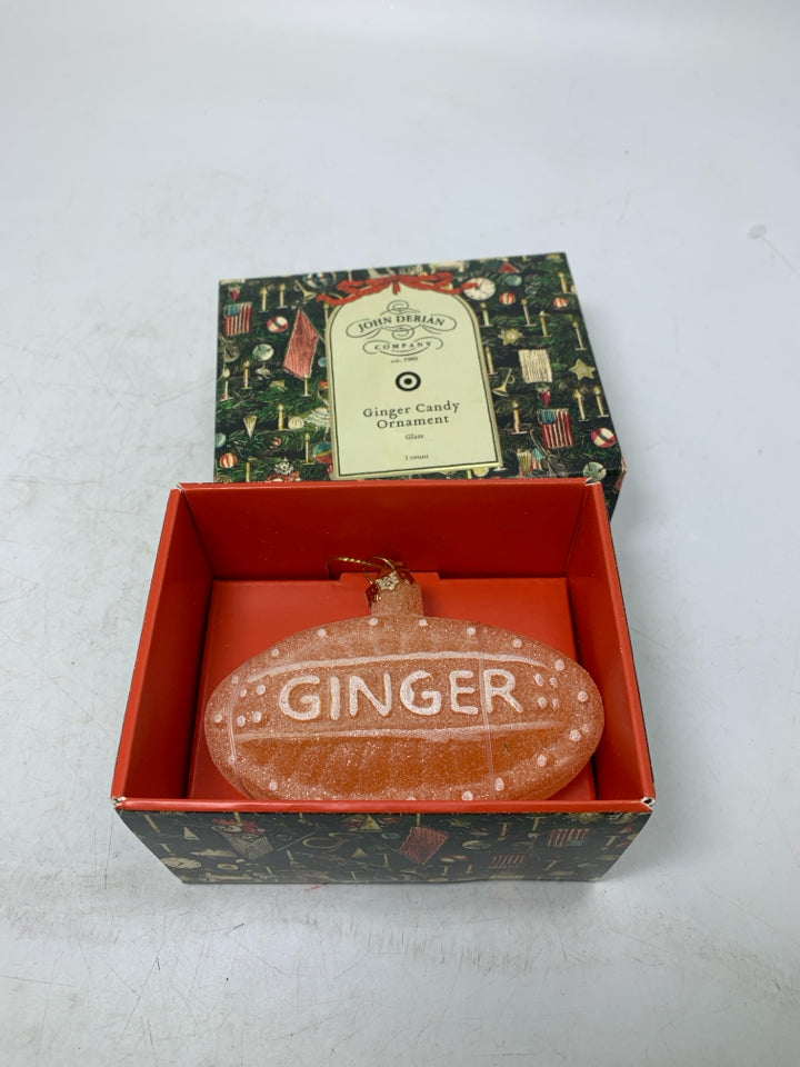 NIB JOHN DERIAN GLASS GINGER CANDY ORNAMENT.