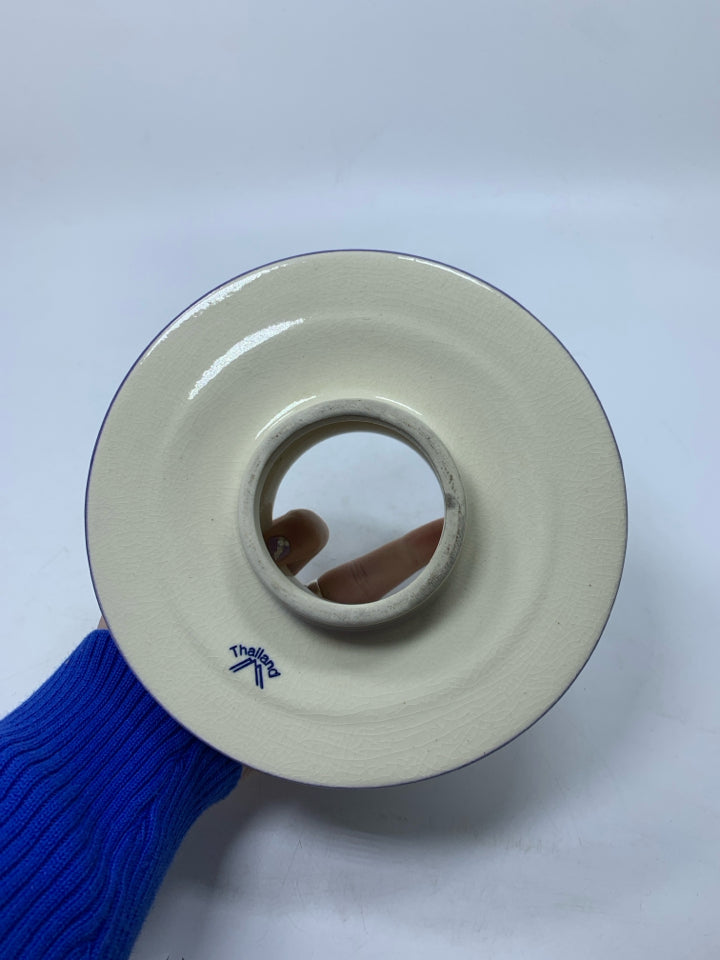 POTTERY CANDLE SHADE W/ PURPLE FLOWERS/RIM.