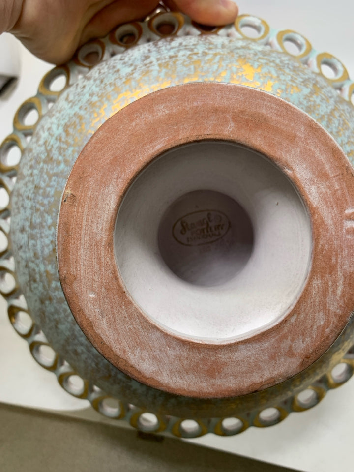 FOOTED TEAL/GOLD SHALLOW BOWL W/ LACE EDGE.