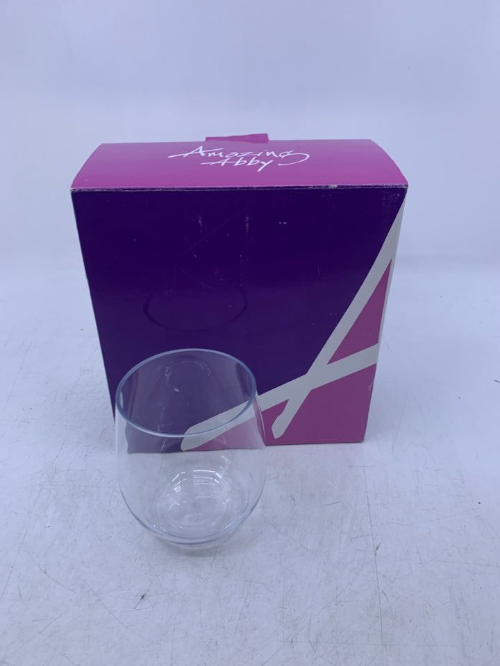 NIB 4 STEMLESS CLEAR PLASTIC WINE GLASSES.