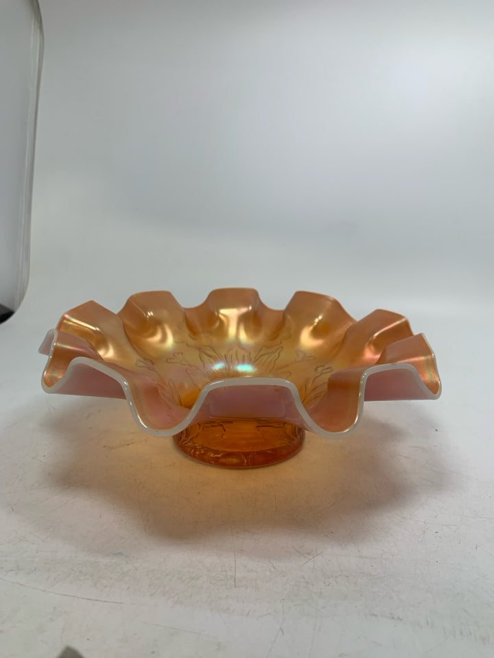 VTG MARIGOLD/OPLESCENT RUFFLED EDGE BOWL W/ FLWERS.