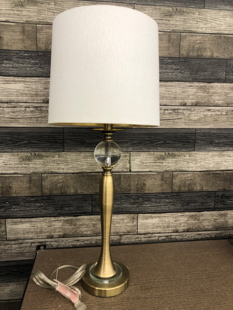 GOLD BASE GLASS BALL LAMP W/WHITE SHADE.