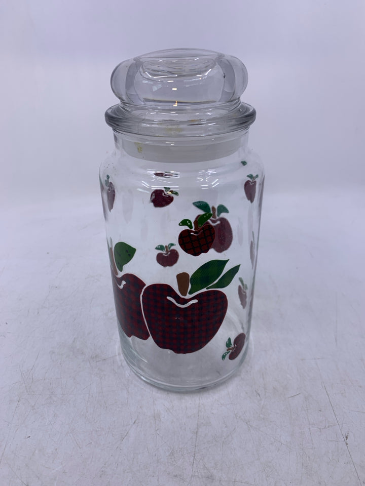 CLEAR GLASS CANISTER W/ PRINTED CHECKERED APPLES.