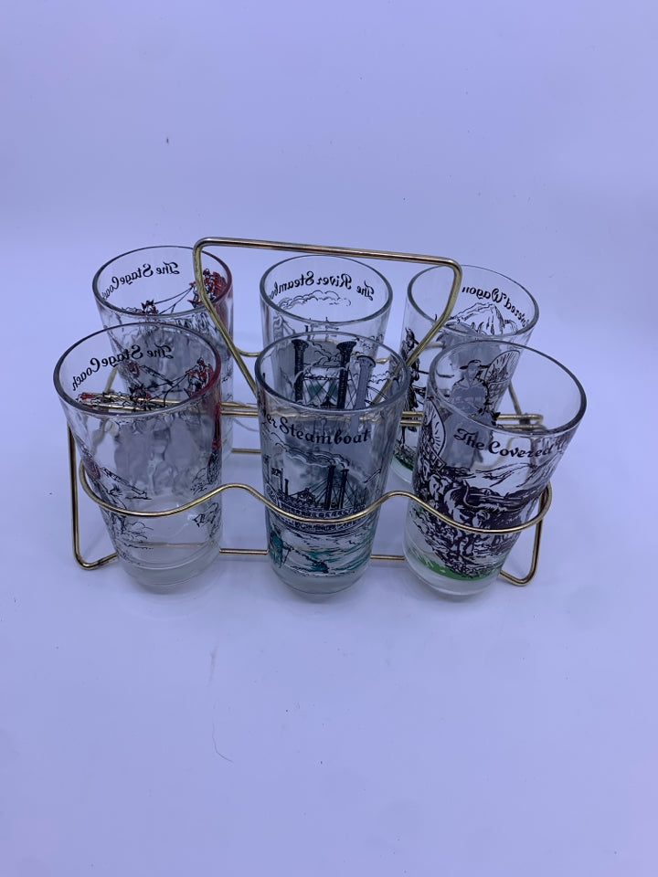 6 VTG TUMBLER GLASSES W SCENES IN GOLD METAL CARRIER.