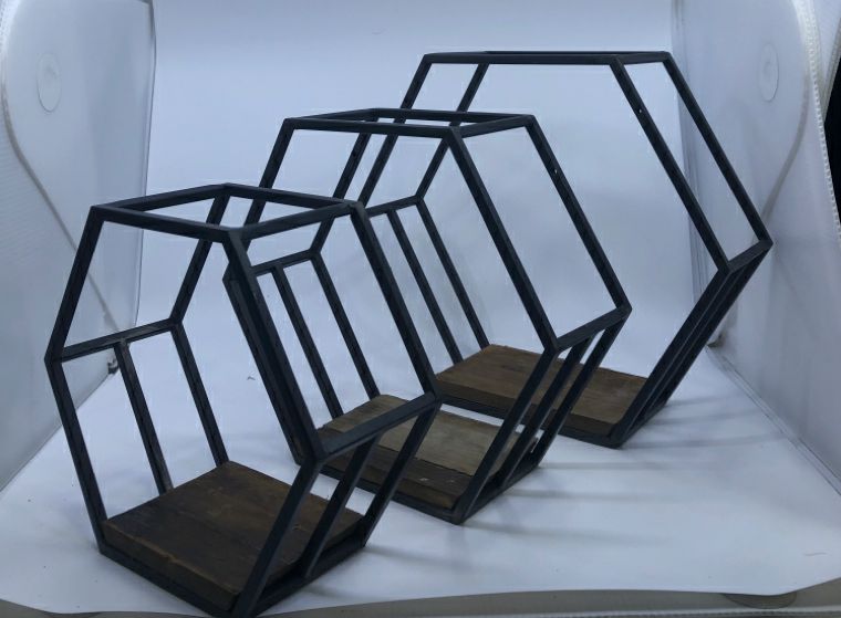 3 HEXAGON METAL + WOOD WALL SHELVES.