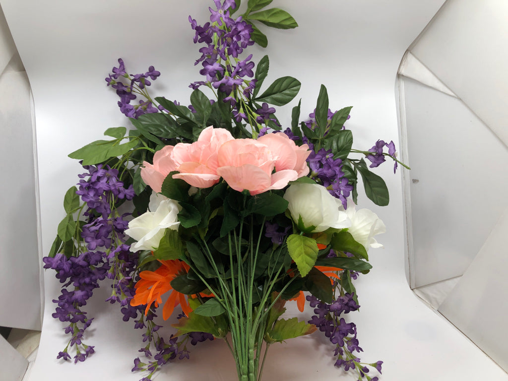 FAUX PINK/ORANGE BOUQUET W/PURPLE.