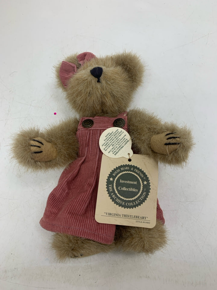 BROWN BOYDS BEAR IN PINK CORDUROY DRESS.