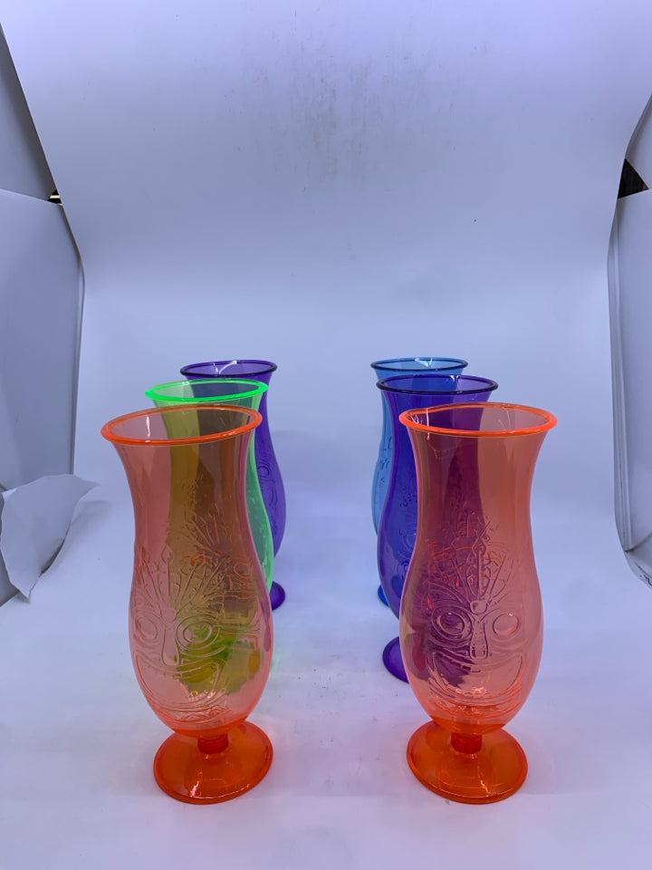 6 MELAMINE COLORFUL TIKI GLASSES.