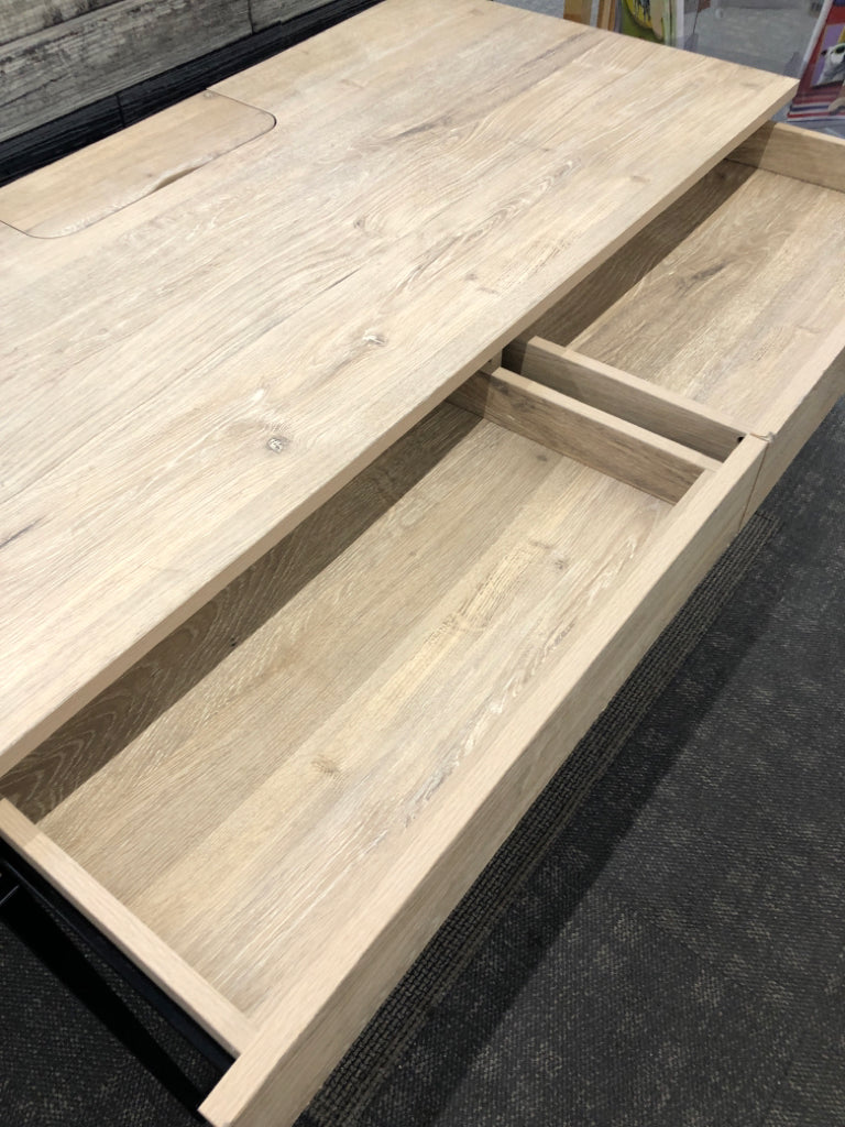 LIGHT WOOD WRITING DESK W/DRAWERS & CHARGING STATION.