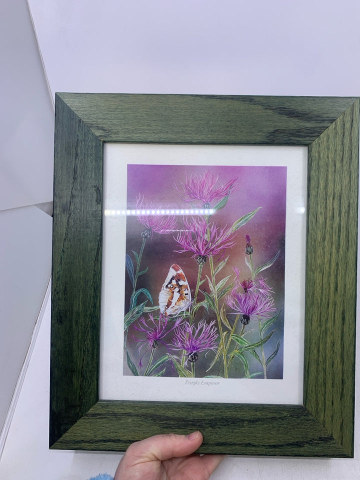 PURPLE EMPEROR FLOWERS W/ BUTTERFLY GREEN FRAME WALL HANGING.