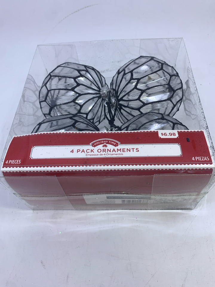 NIP 4 CLEAR PLASTIC BLACK GLITTER ORNAMENTS.