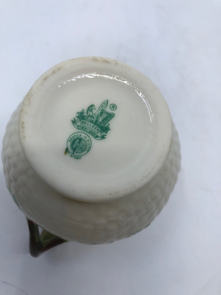 BELLEEK BASKET WEAVE PATTERN W/ SHAMROCKS CREAMER.