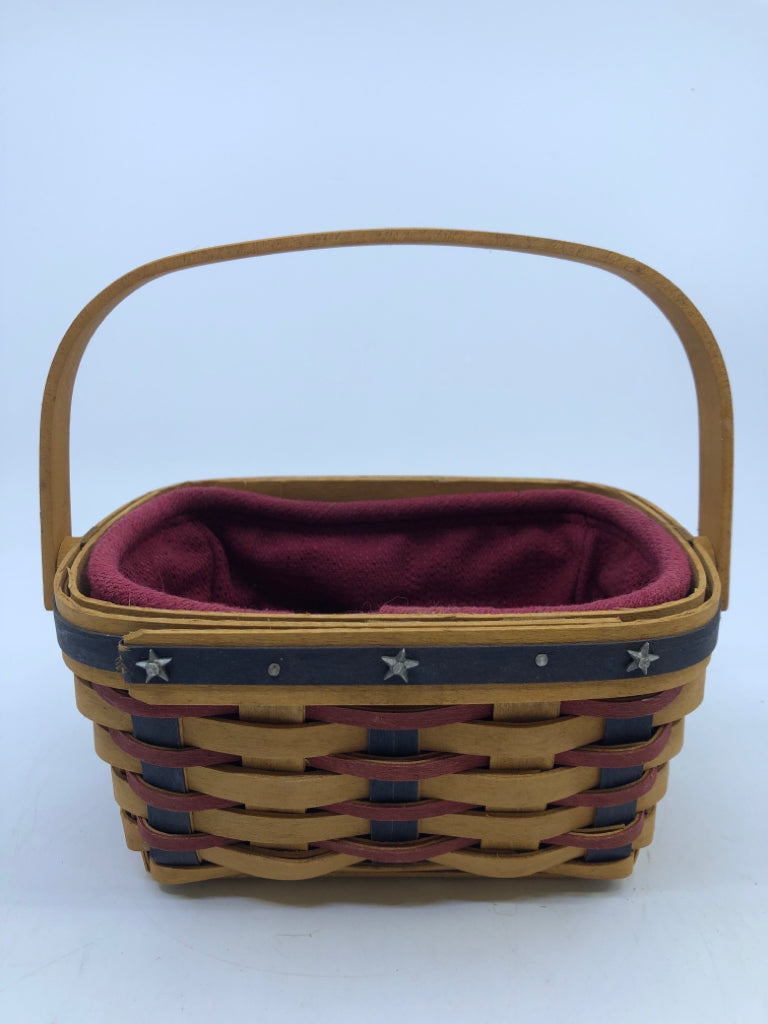2001 ROUNDED RECTANGLE W/HANDLE BASKET RED & BLUE WEAVE SILVER STARS RED CLOTH L