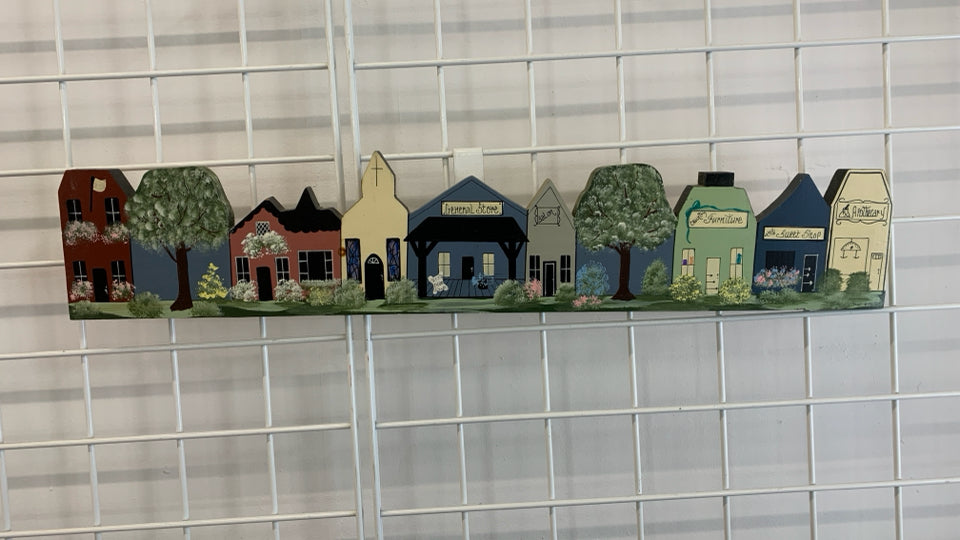 PRIMITIVE HAND PAINTED STORE FRONTS WALL HANGING.
