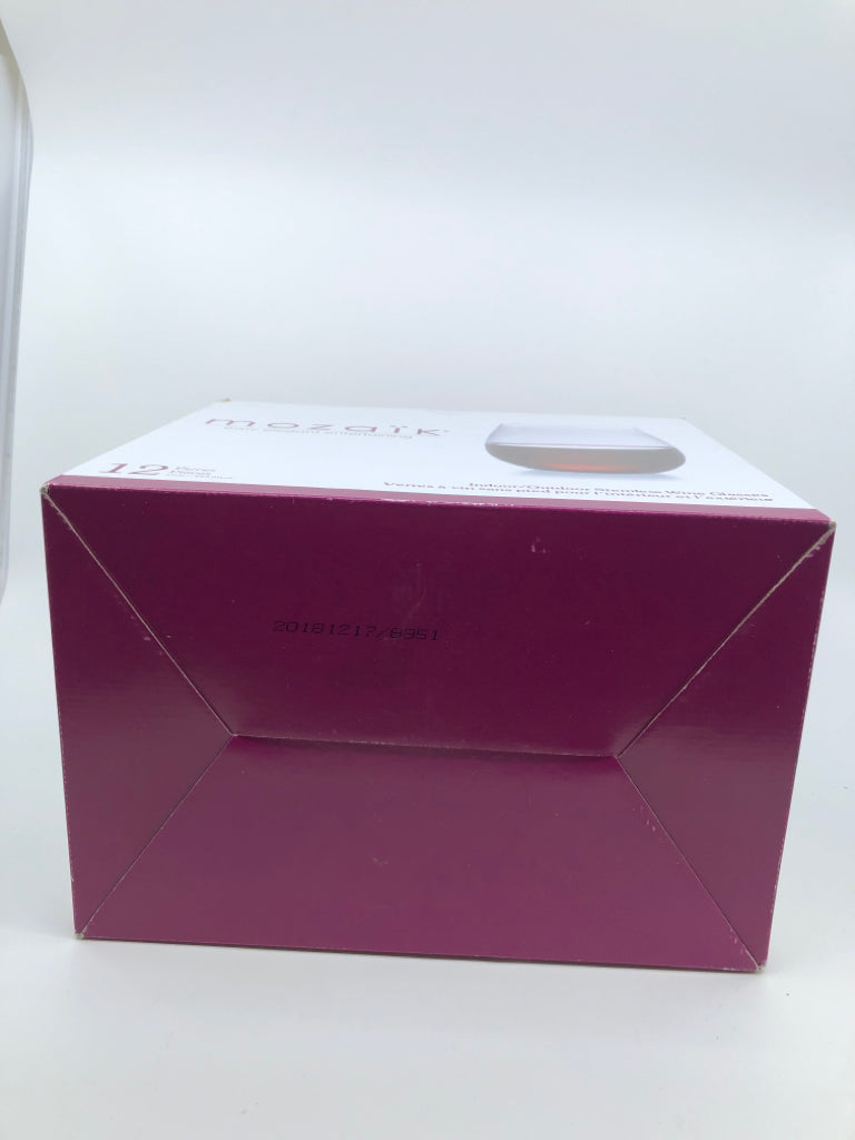 NIB MOZAIK 12 PC STEMLESS WINE GLASS SET.