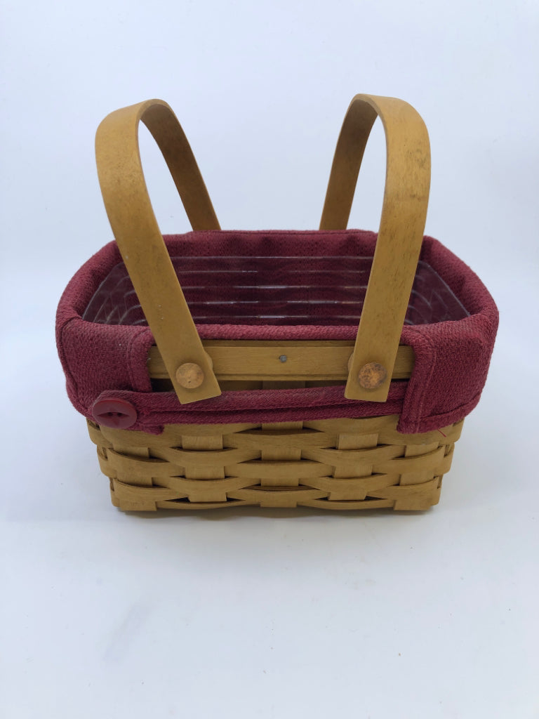 SMALL RECTANGLE BASKET W RED AND PLASTIC LINER AND 2 HANDLES.