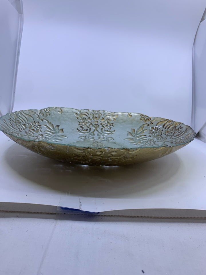 TEAL EMBOSSED FLORAL CENTERPIECE BOWL.