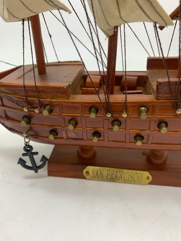 SAN FRANCISCO MODEL WOOD SHIP W/FABRIC SAILS.