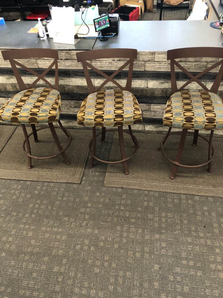 3 BROWN AND BLUE ACCENT METAL STOOLS.