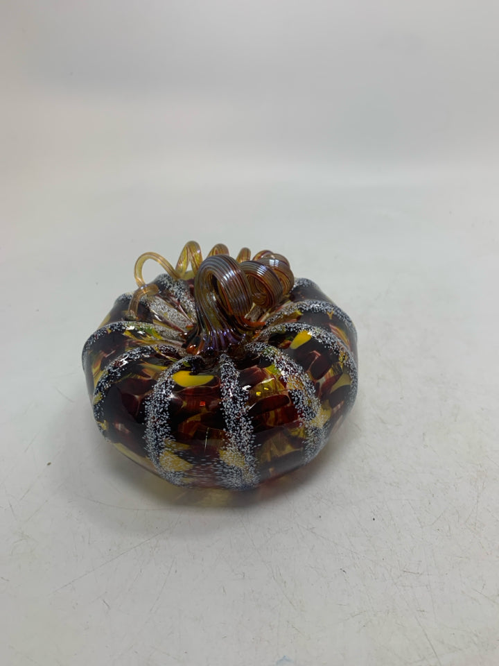 MULTI COLORED SQUISHED BLOWN GLASS PUMPKIN.