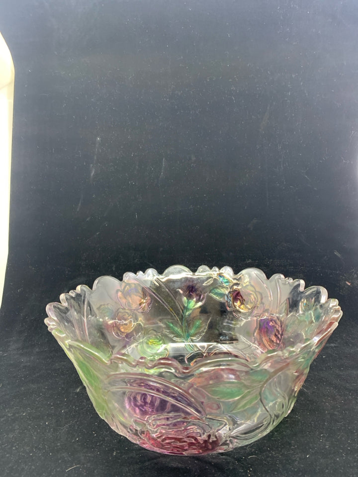 EMBOSSED PINK AND PURPLE FLORAL BOWL.