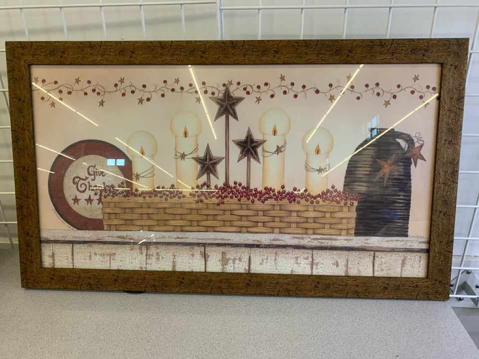 PRIMITIVE WALL ART W/ BASKET,CANDLES,PLATES,JUG.