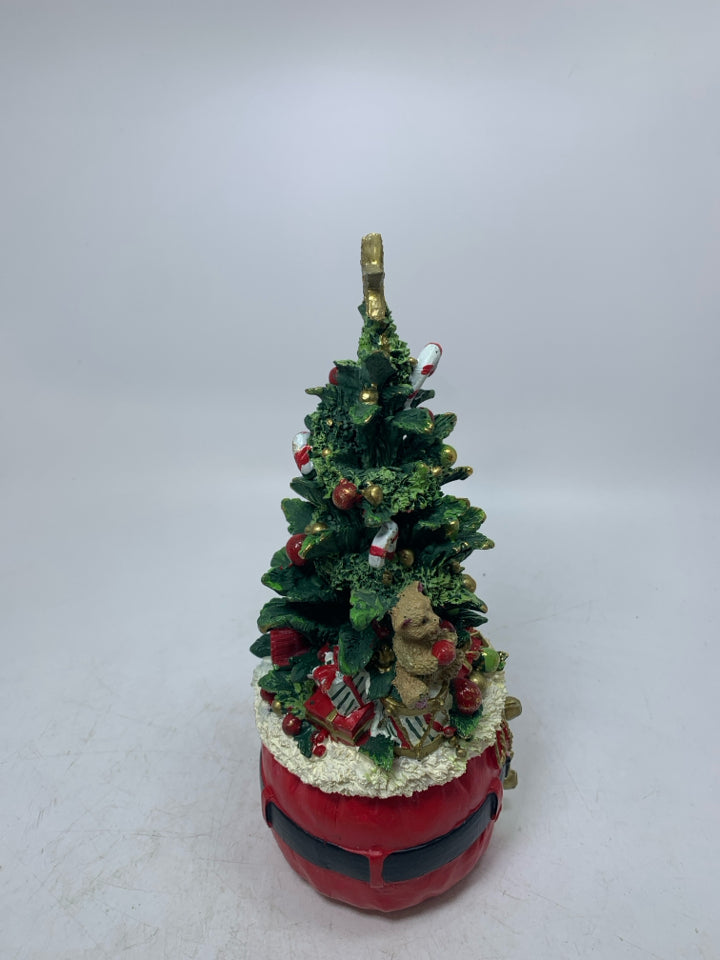 RESIN SANTA SUIT BASE W/ DECORATED CHRISTMAS TREE.