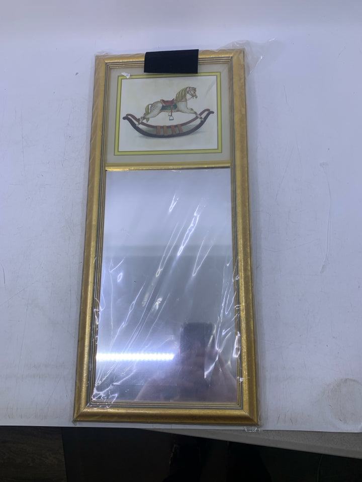 WHITE ROCKING HORSE TOP W/ MIRROR RECTANGLE GOLD FRAME.