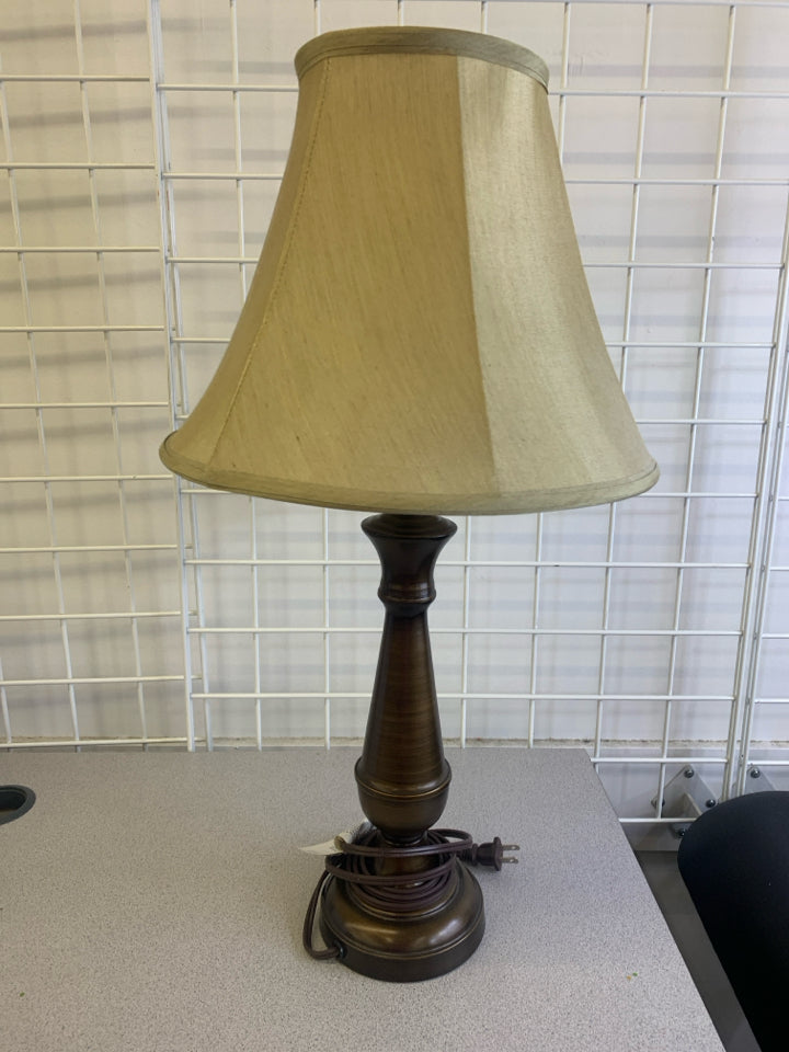 BROWN METAL DESK LAMP W/ TAN SHADE.