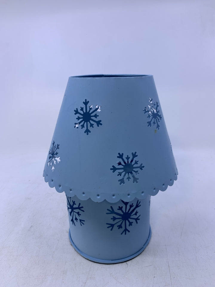 LIGHT BLUE METAL CANDLE HOLDER/SHADE W/ PIERCED SNOWFLAKES.