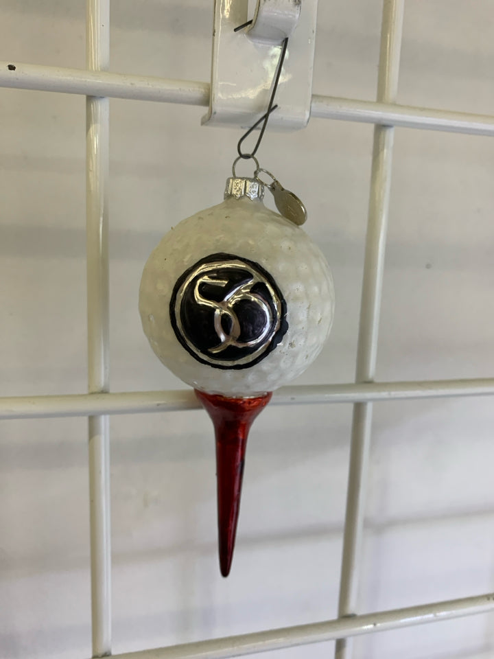 GOLF BALL ON RED TEE "56" ORNAMENT.