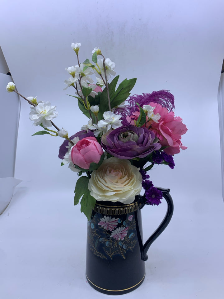 PURPLE, PINK, WHITE BOUQUET IN VTG PITCHER- ENGLAND.