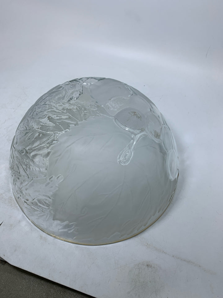 LARGE GLASS BOWL W/ EMBOSSED LEAVES & GRAPES GOLD EDGE.
