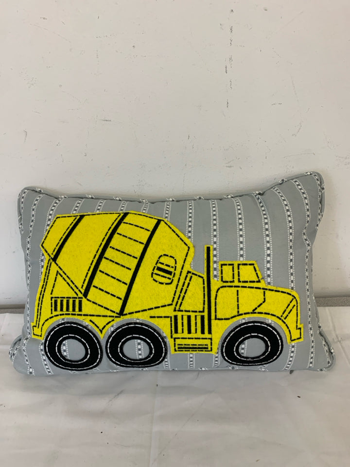 GREY W YELLOW CEMENT TRUCK PILLOW.