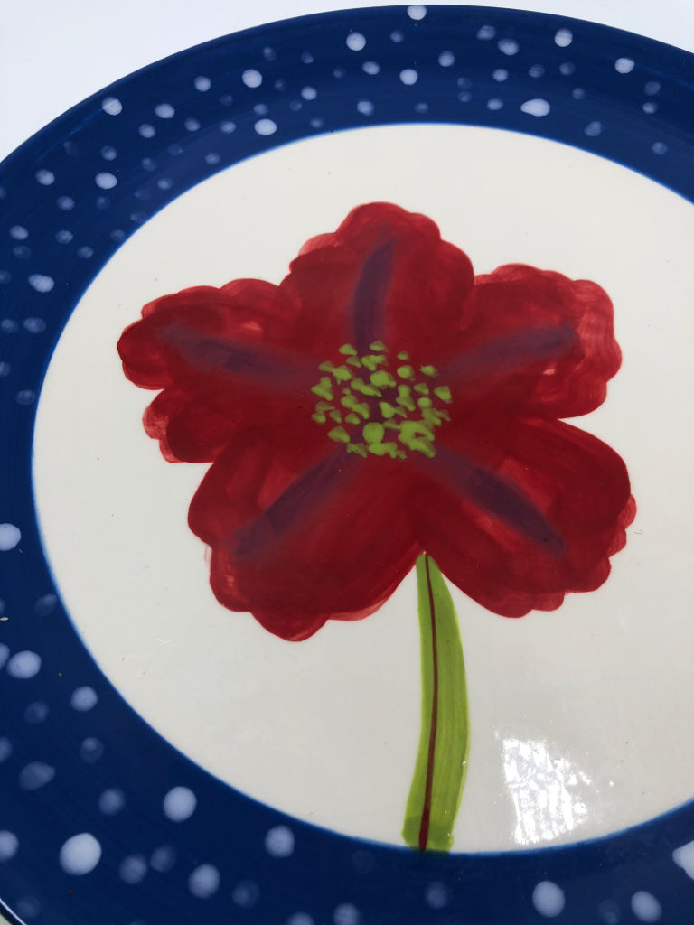 POPPY PAINTED SERVING PLATE W/BLUE BORDER.
