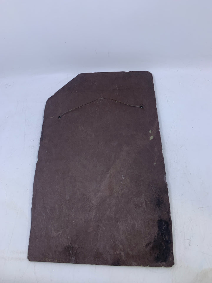 VTG STONE SLATE PAINTED CARDINAL ON BRANCH W/ RED BARN WINTER SCENE.