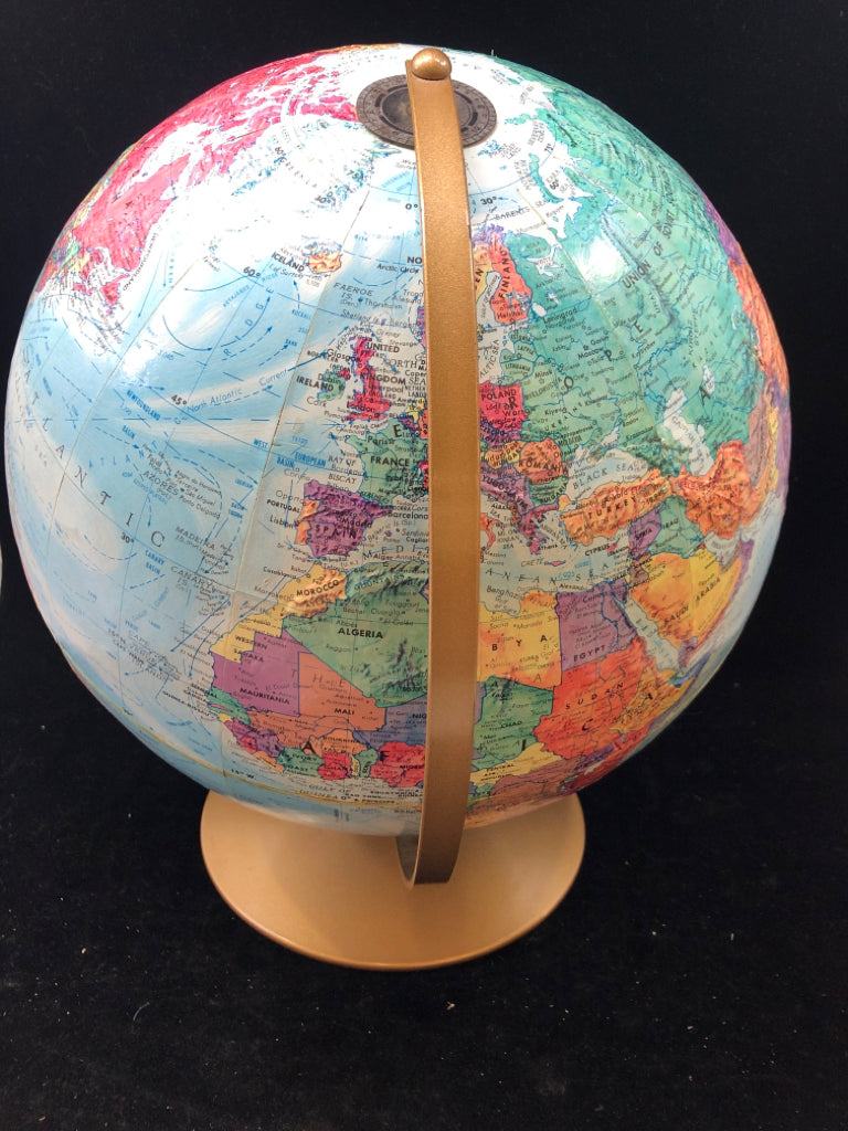 PAPER WORLD GLOBE IN GOLD METAL STAND.
