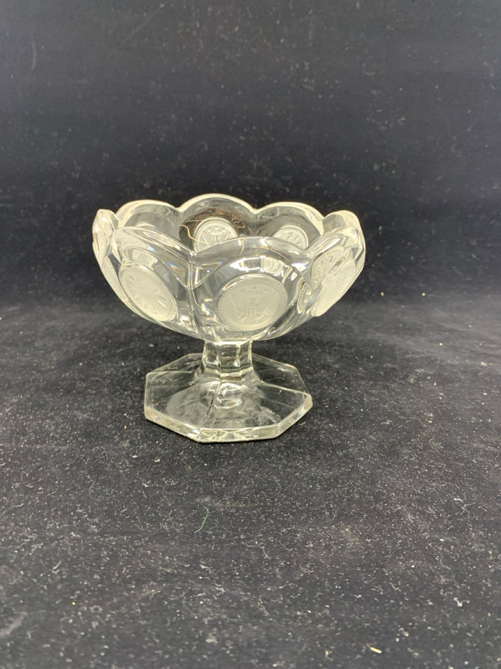 VTG FOOTED GLASS DISH W FROSTED COINS.