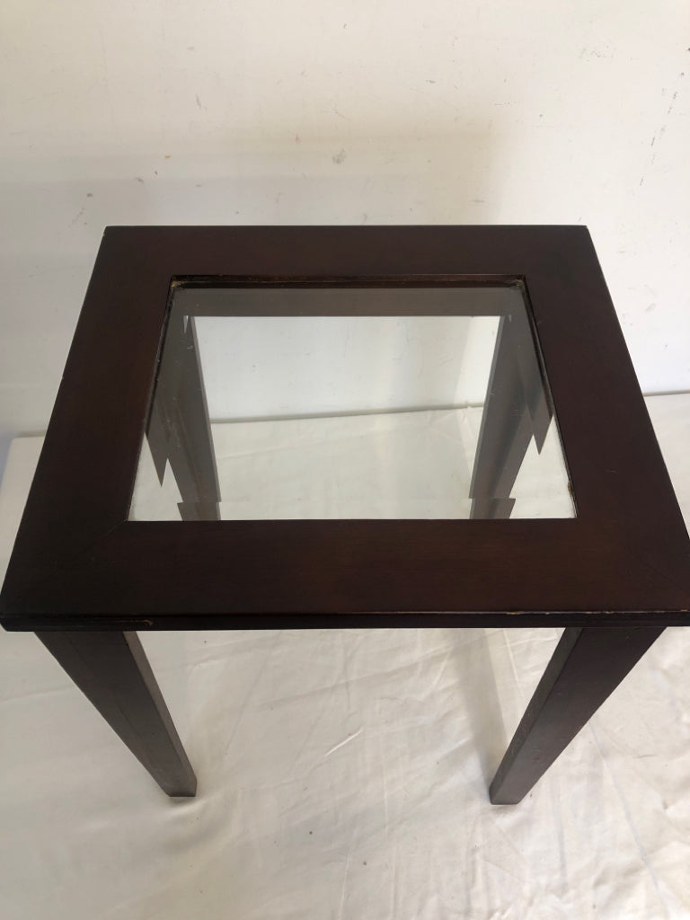 WOOD BASE GLASS TOP PLANT STAND.