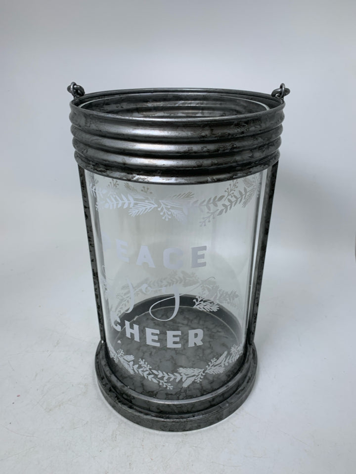 LARGE GALVANIZED PEACE JOY CHEER GLASS INSERT CANDLE HOLDER.