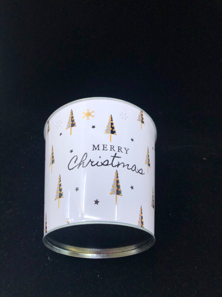 "MERRY CHRISTMAS" WHITE METAL BUCKET-BLACK/GOLD TREES.