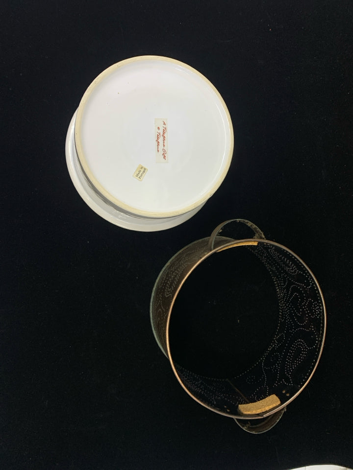 VTG PUNCHED TIN BIRDS & HEART HOLDER W/WHITE BOWL.