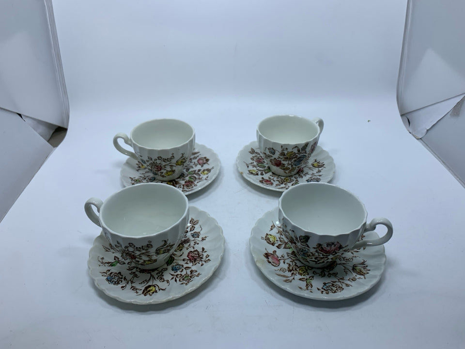 VTG 8PC SVC 4 STAFFORDSHIRE BOUQUET TEA CUPS/SAUCERS.